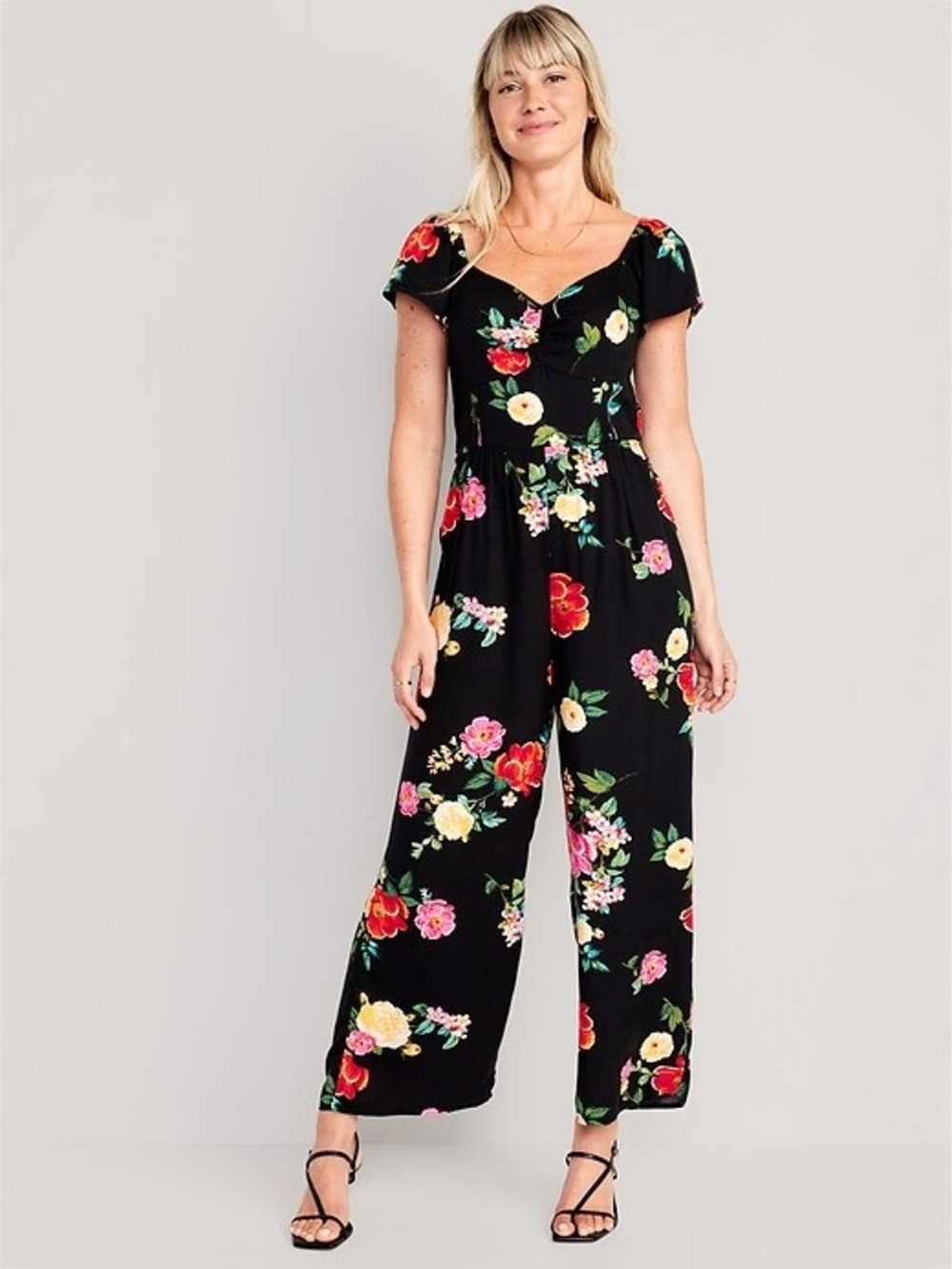 Old Navy Black Floral Wide-Leg Short Sleeve Jumpsuit Pockets